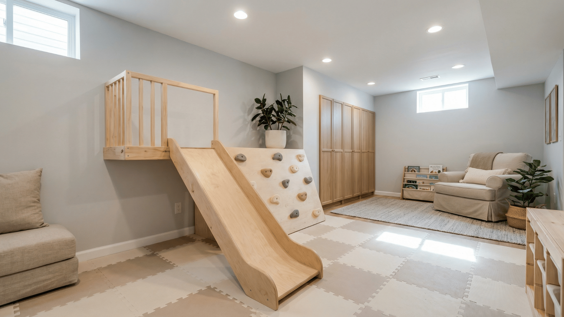modern finished basement with built in wooden slide, small climbing wall, foam flooring, and cozy seating area for kids