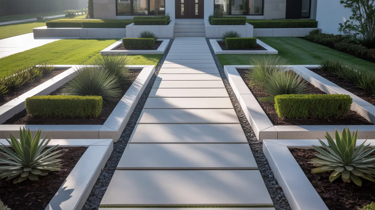 modern front yard featuring a straight concrete walkway with clean edges, minimal plants, and a structured layout