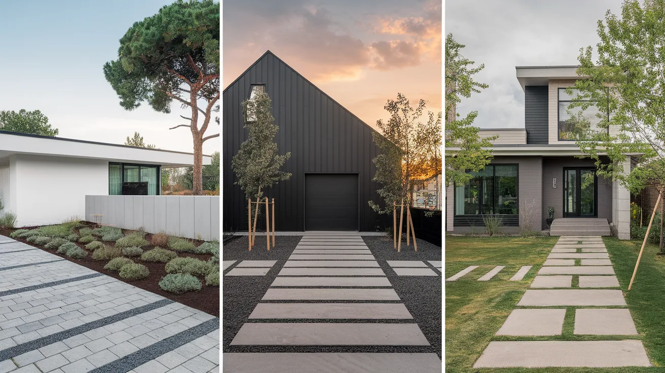 modern front yard landscaping featuring straight concrete paver walkways, clean lines, minimal plants, and contemporary home exteriors