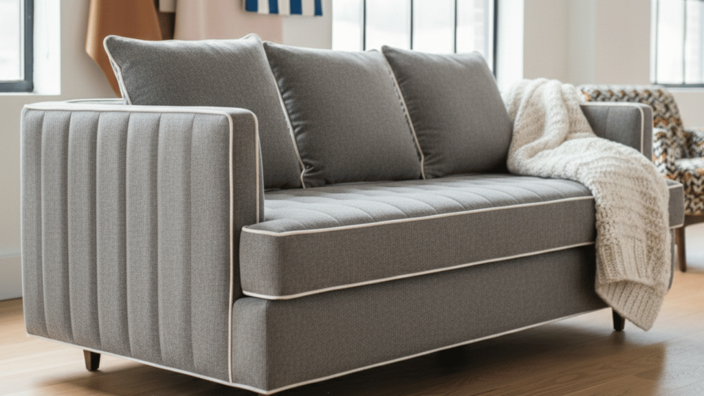 modern gray sofa with clean upholstery, accent pillows, and a cozy throw, set against large windows and colorful fabric swatches.