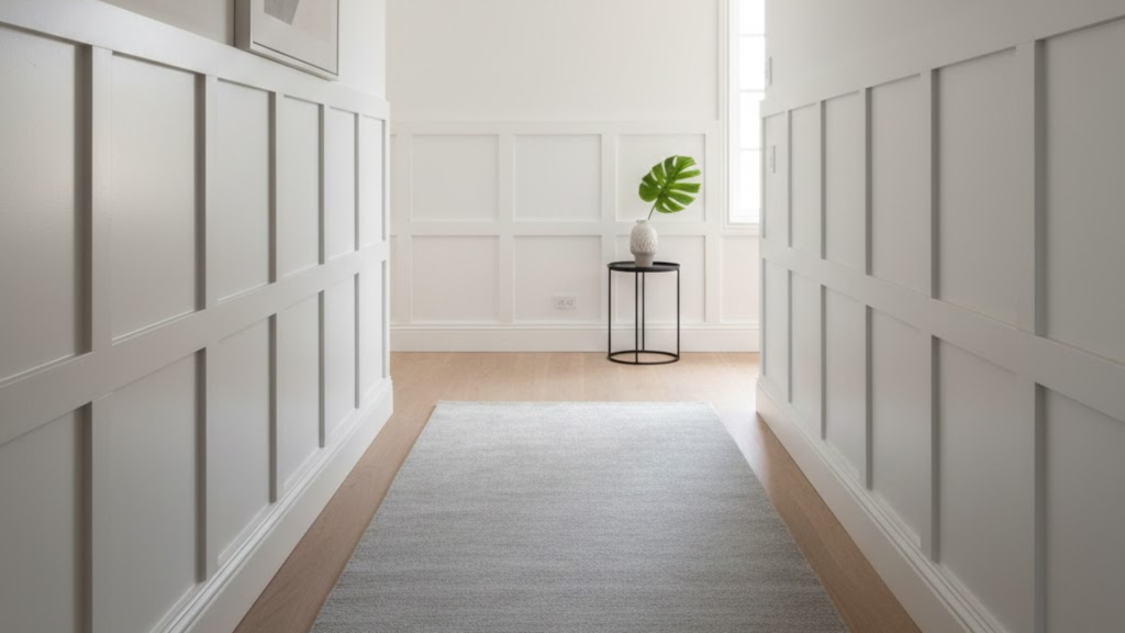 modern grid style board and batten hallway with clean square panels and a simple neutral color palette