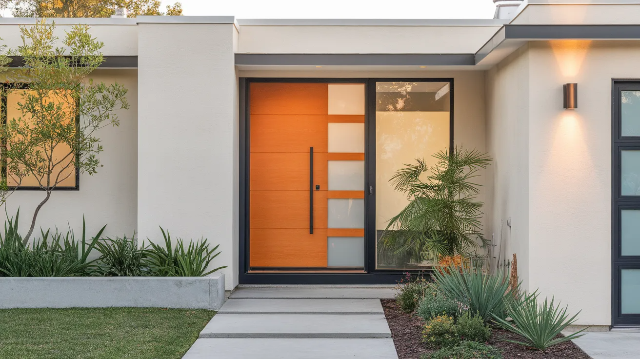 modern house exterior featuring a bold statement front door with clean lines, simple trim, and contemporary design style