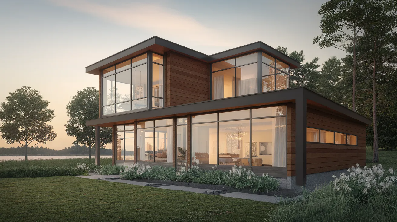 modern house exterior with asymmetrical layout, clean lines, and a creative contemporary architectural style