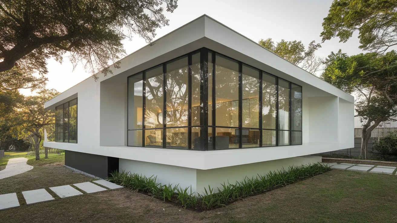 modern house exterior with large floor to ceiling windows, black frames, and an open contemporary design
