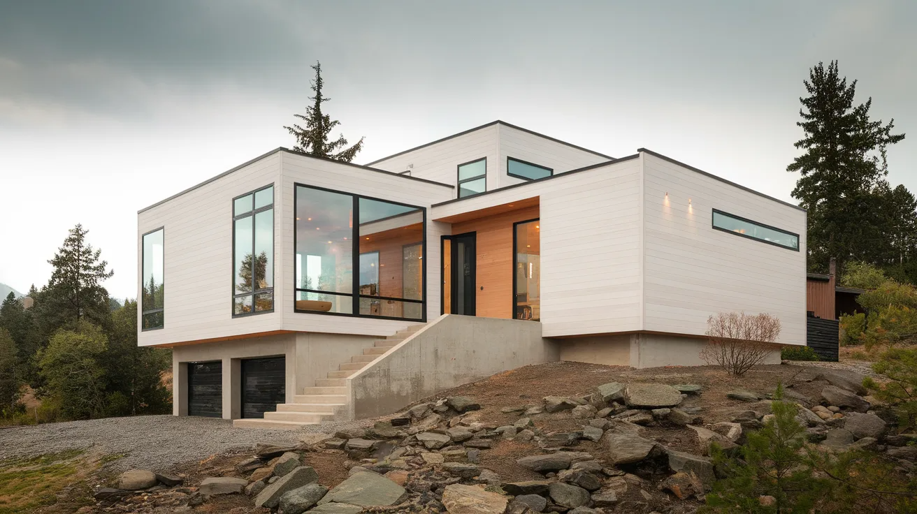 modern house exterior with simple geometric shapes, clean lines, and bold contemporary architectural form