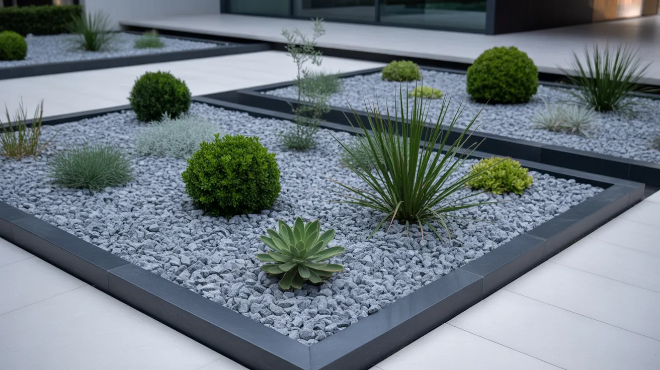 modern landscape design with gravel beds and black metal edging creating clean borders around plants and pathways
