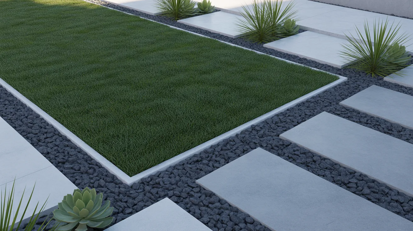 modern landscape with a small lawn section framed by gravel and pavers, clean edges, and simple planting design