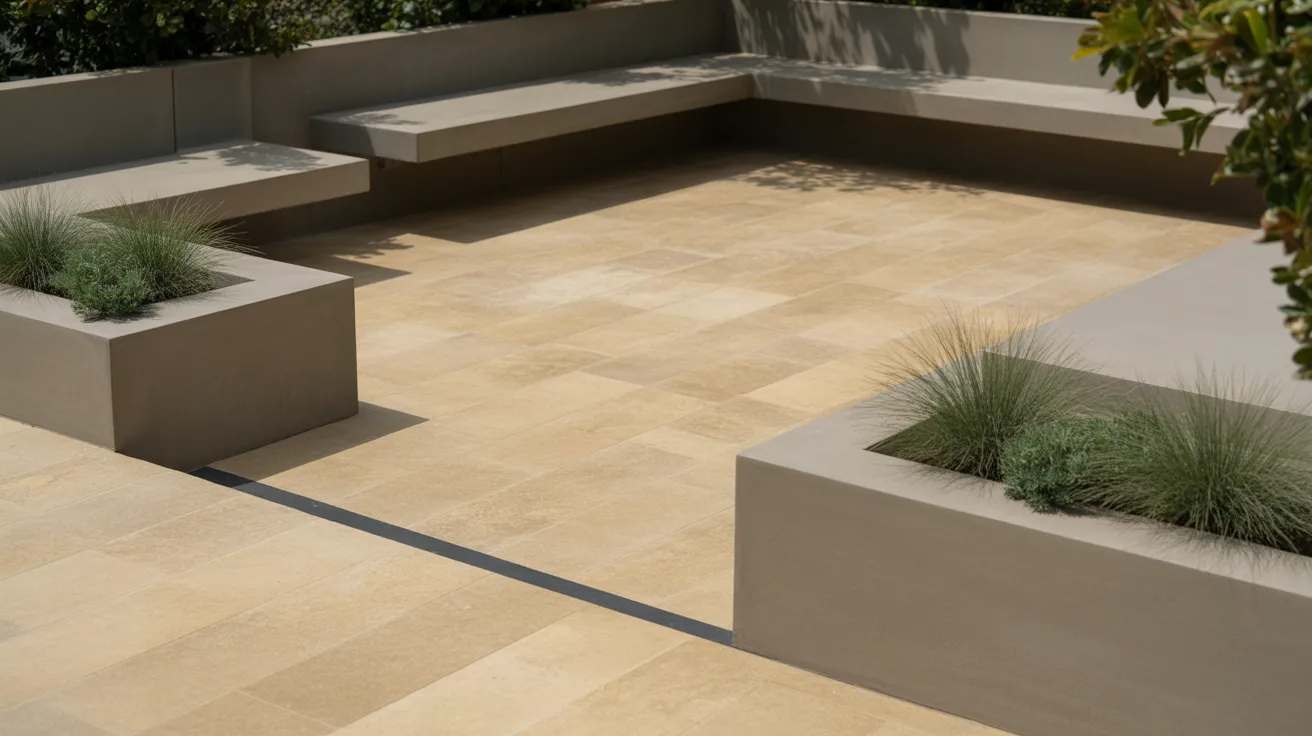 modern landscaping with neutral colors like gray, beige, and natural stone paired with simple greenery and clean lines