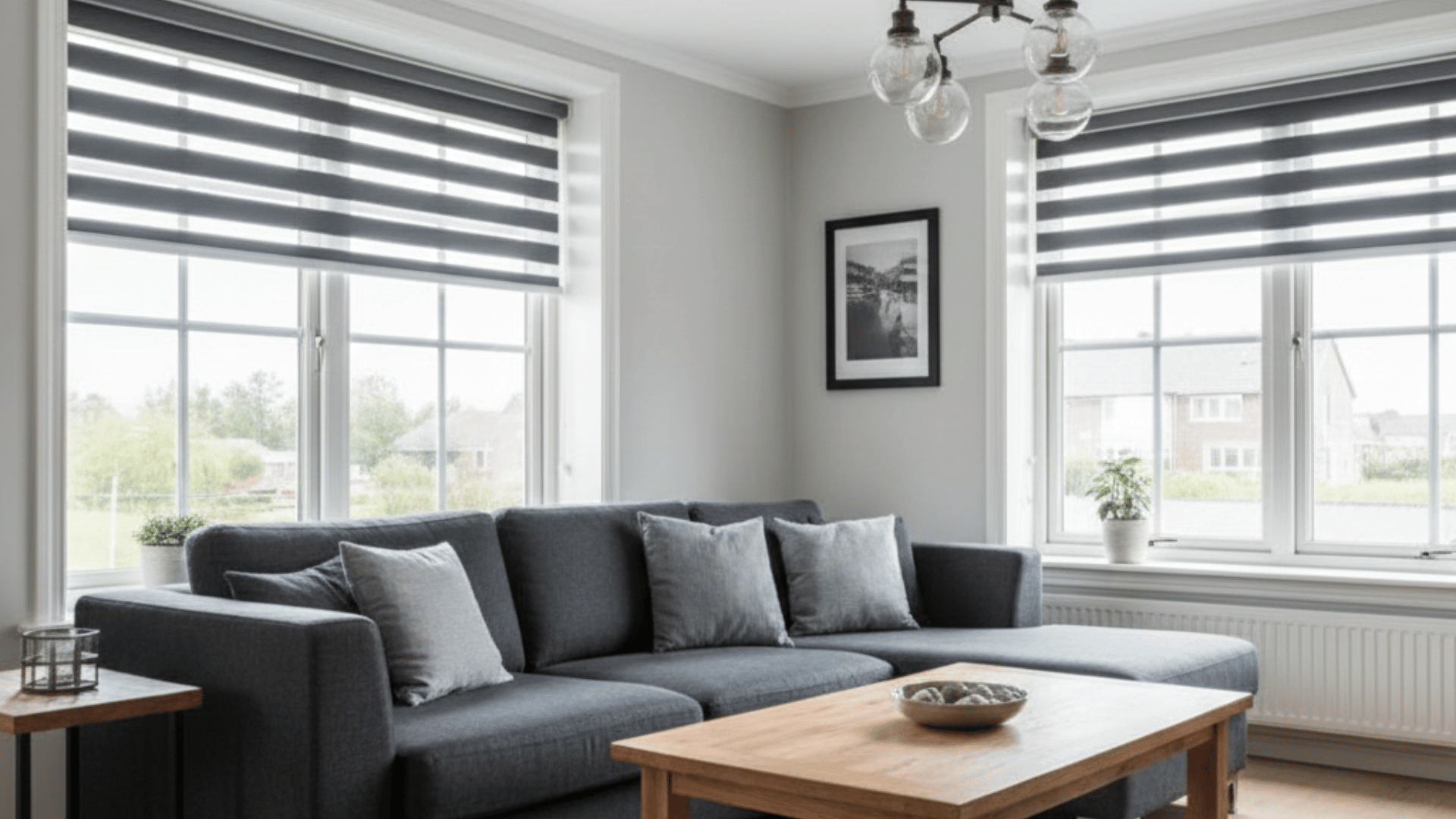 modern living room featuring a charcoal gray sofa and wooden coffee table with gray toned zebra blinds on large windows