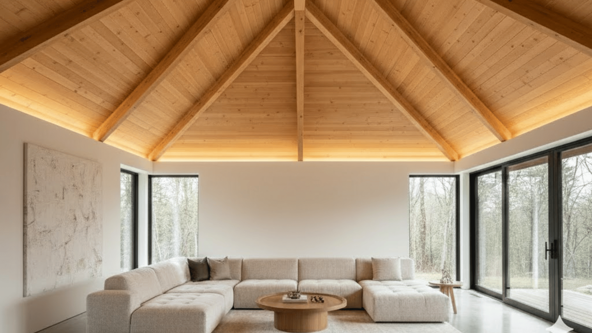 modern living room featuring a vaulted wood-plank ceiling with hidden cove lighting, a modular sofa, and large windows
