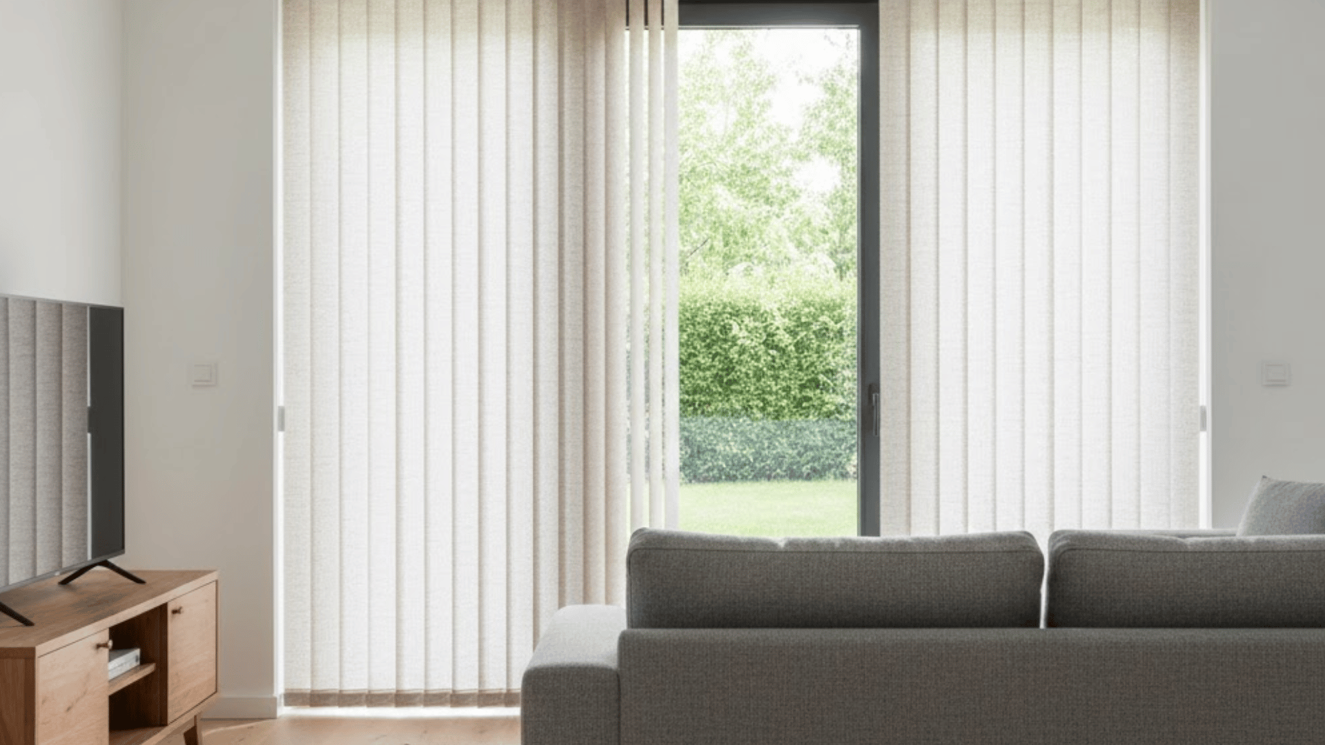 modern living room featuring beige vertical blinds on a patio door, a grey sofa, wooden tv stand, and soft natural light