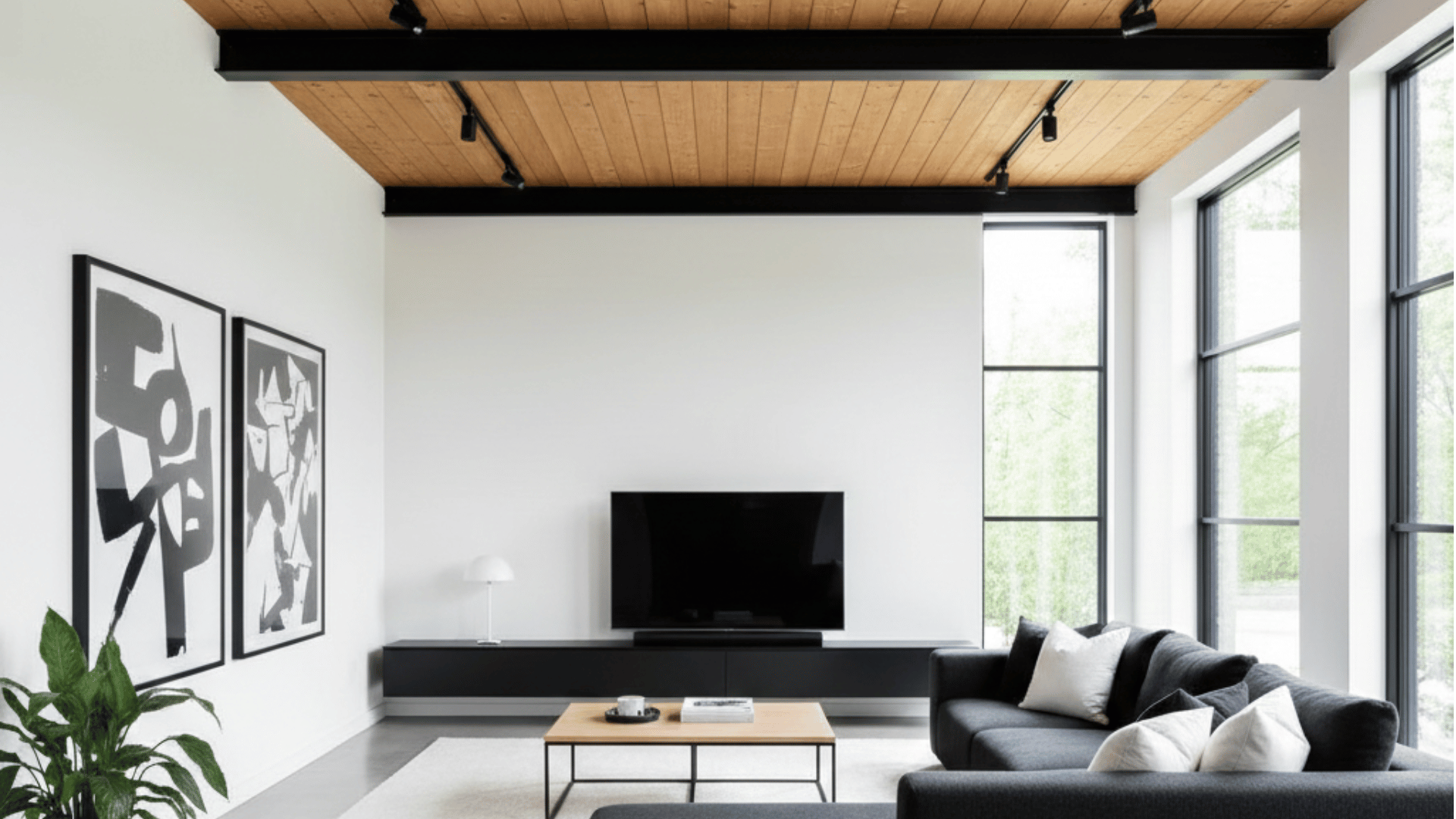 modern living room with a wood ceiling, black beams, a large charcoal sectional sofa, and black and white abstract art.