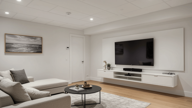modern living room with wall mounted tv, white cabinetry, gray sectional sofa, and light wood floors
