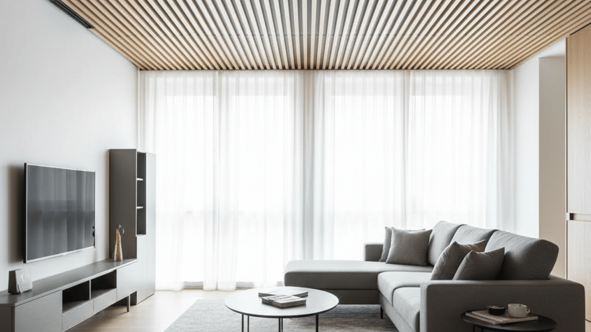 modern living space with parallel wood slats on the ceiling, a sleek gray sectional sofa, and a minimalist media console.