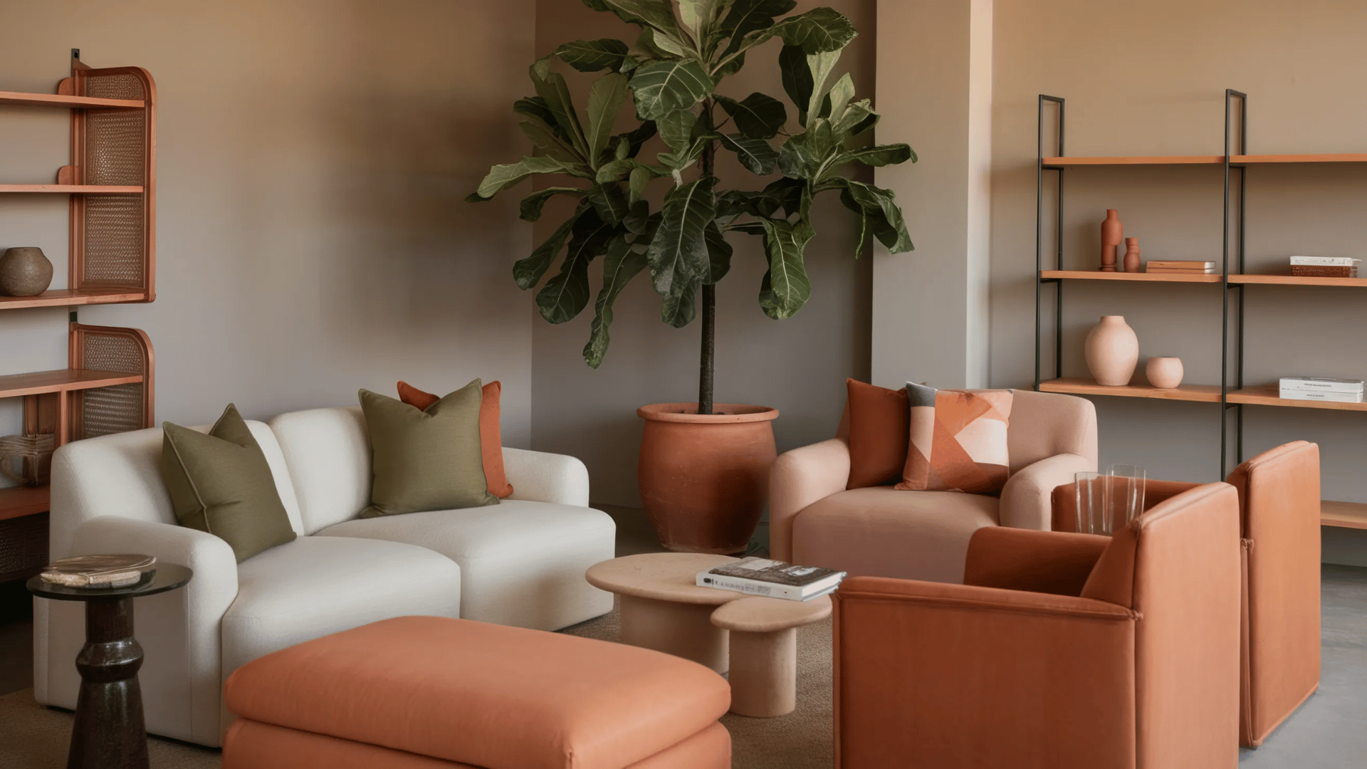 modern lounge decor in earthy colors