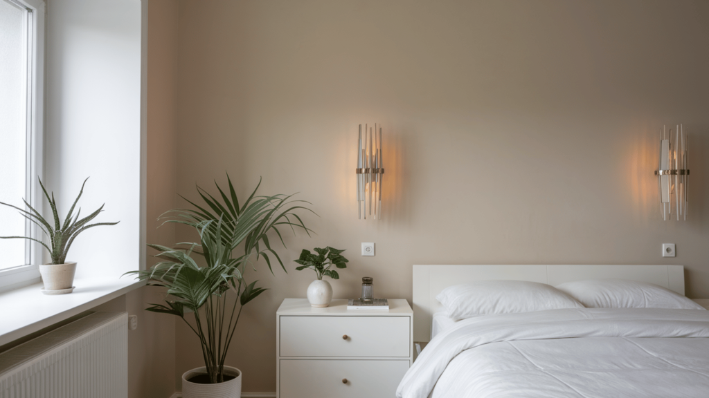 modern minimal bedroom with a clean design, simple bed, and a large window for natural light