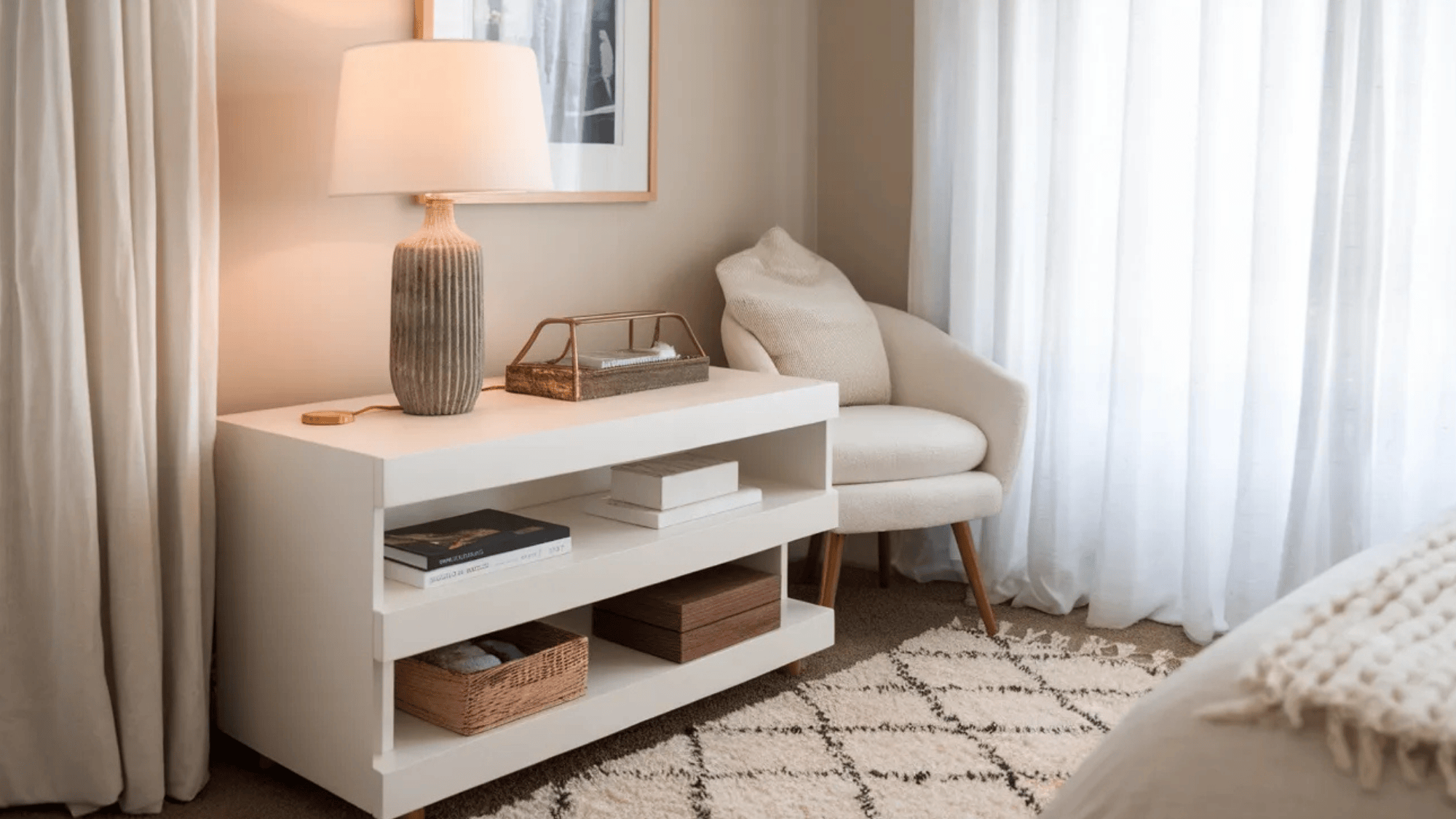 modern nightstand with open storage shelves, holding books, baskets, and a stylish lamp in a cozy bedroom