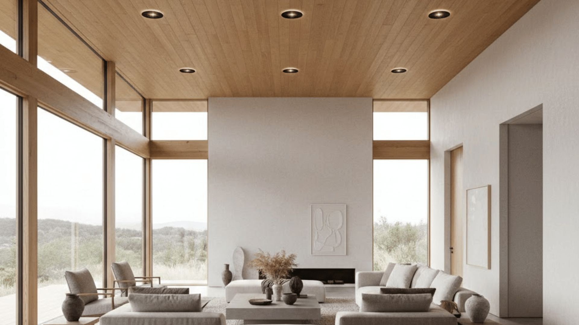 modern open-concept living room with a natural oak plank ceiling featuring built-in recessed lighting and neutral furniture.