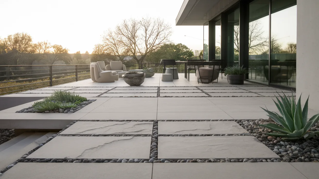 modern patio design using smooth stone surfaces and large slabs paired with minimal plants and clean lines
