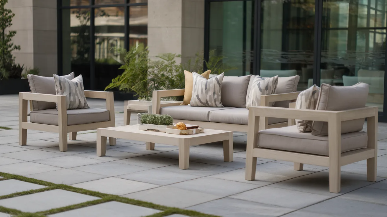 modern patio featuring low profile outdoor furniture with simple shapes, neutral colors, and clean surroundings