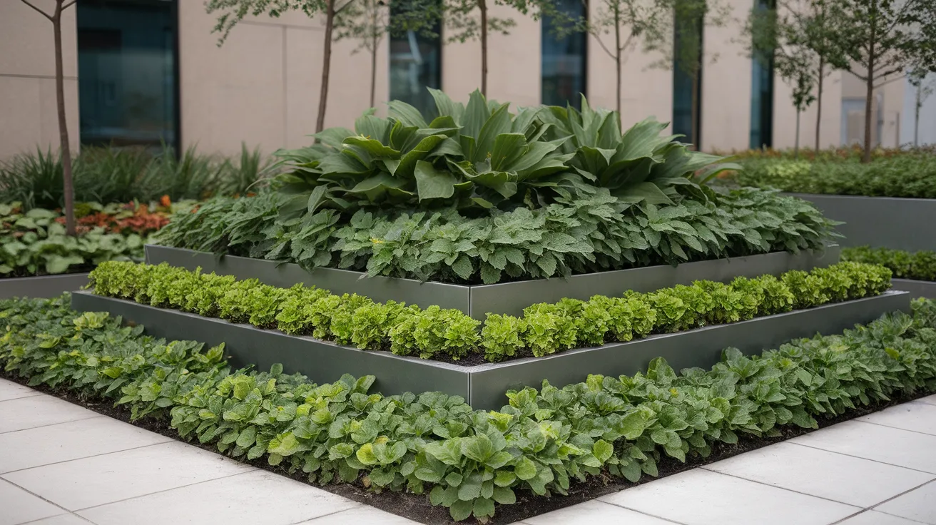 modern planting layout with layered plant heights, clean spacing, and a structured design using simple greenery