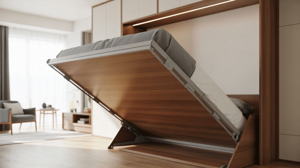modern room featuring a murphy bed lifting up into a wall, revealing clean lines and a spacious living area