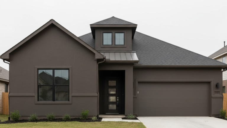 modern single story home with urbane bronze exterior, dark roof, simple landscaping, and a clean, minimalist curb appeal