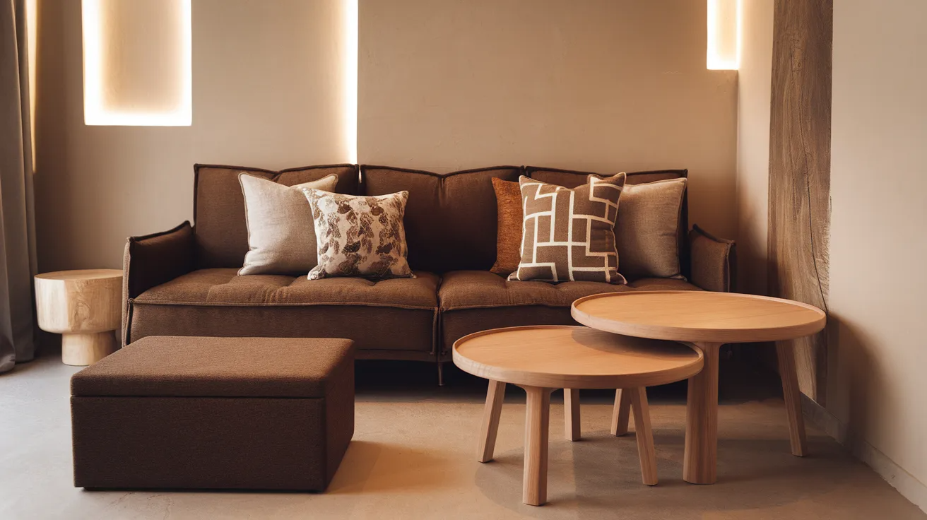 modern small living room with brown sofa, patterned pillows, storage ottoman, and round wooden nesting coffee tables under warm lighting
