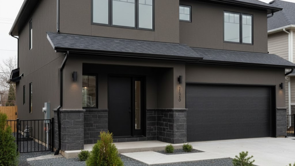 modern two story home with warm bronze and beige exterior, stone accents, wood front door, and clean contemporary lines.