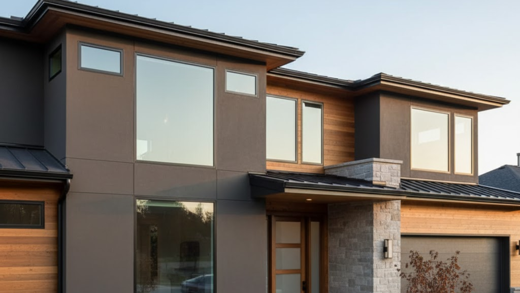 modern two story home with warm bronze and beige modern home with warm bronze exterior, natural wood siding, stone accents, and large windows for a clean, modern lookexterior, stone accents, wood