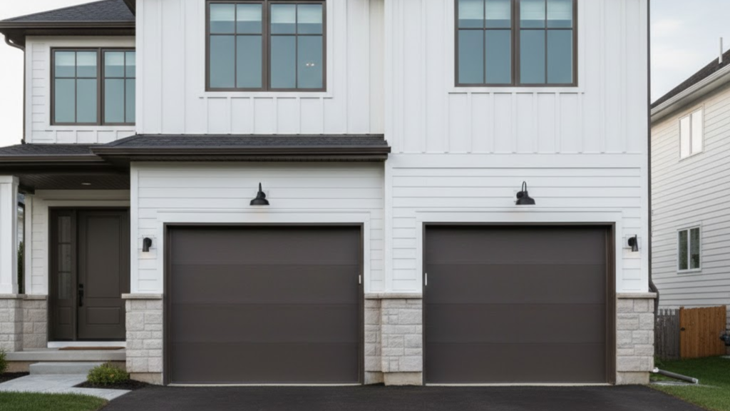 modern white farmhouse with dark urbane bronze garage doors, black roof, stone accents, and clean lines for a bold, balanced exterior.