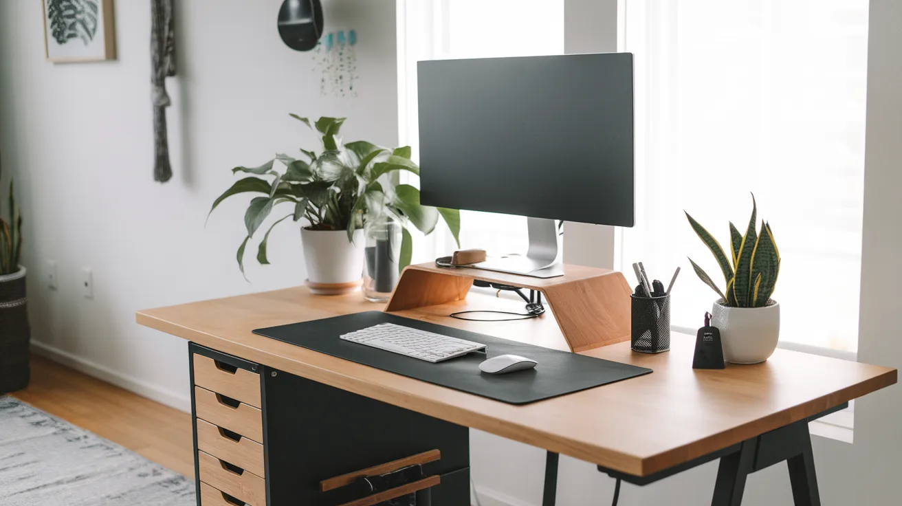 monitor stand with storage drawers on a small home office desk