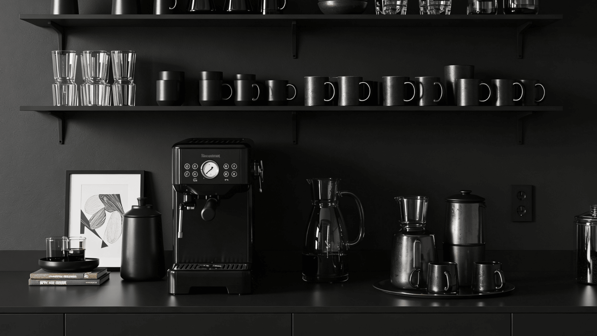 monochrome all black coffee bar with black machine and dark accessories
