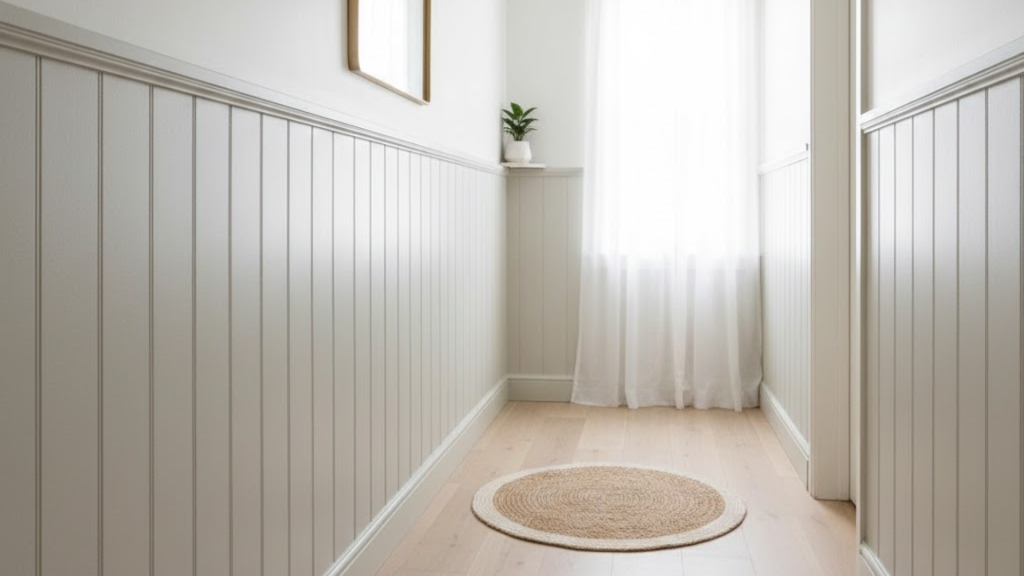 narrow hallway with vertical board and batten panels painted light to make the space feel open