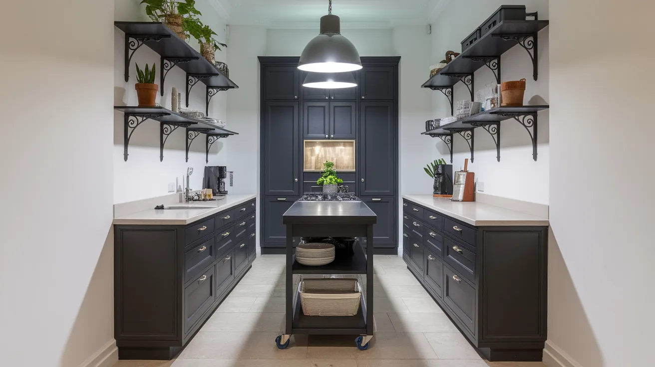 narrow kitchen island with storage shelves in a small kitchen