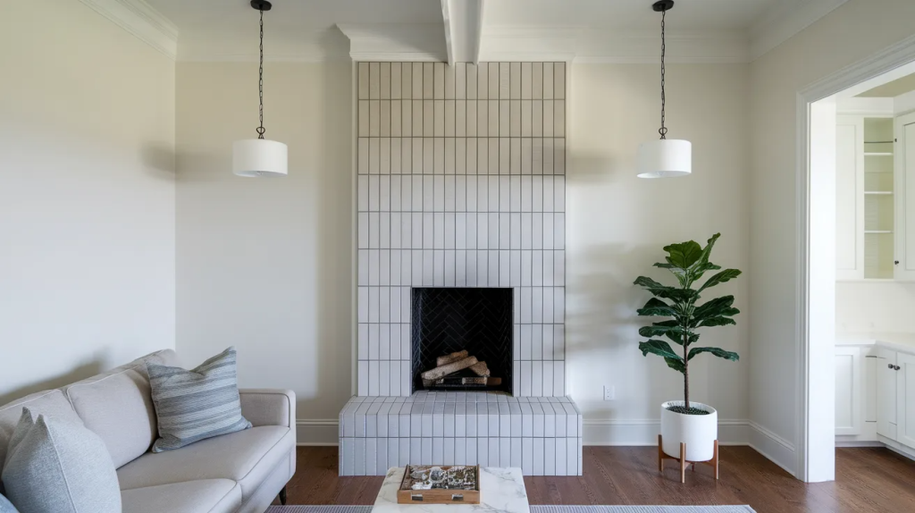 narrow tiled fireplace accent wall with vertical layout highlighting the fireplace in a small living room