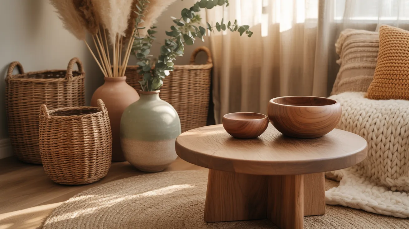 natural and handmade decor items like woven baskets and ceramic vases adding organic texture and warmth to a room