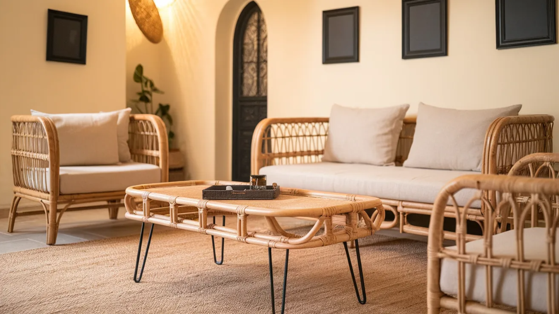 natural rattan accents paired with black furniture