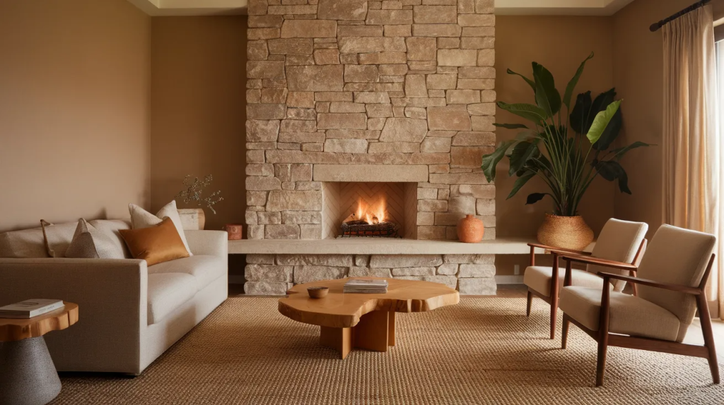natural stone fireplace accent wall in a rustic living room with warm lighting and cozy seating