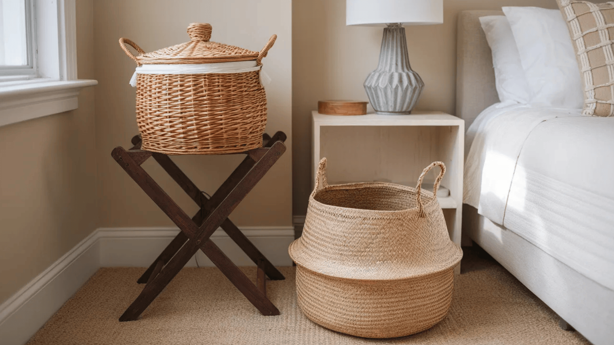 natural woven storage baskets placed beside a nightstand, adding warmth and organization to the bedroom