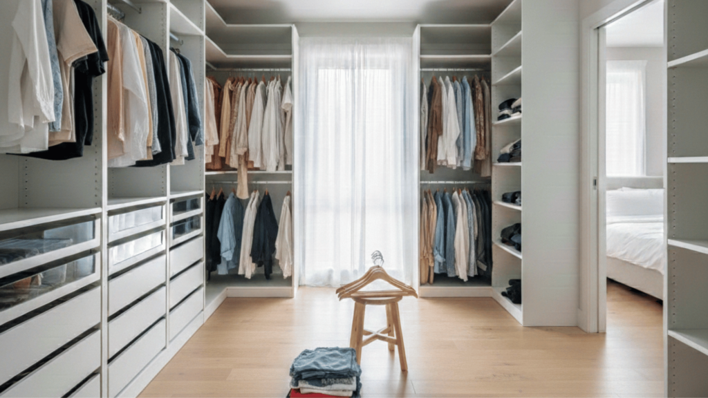 neatly organized closet with clothes on hangers, drawers, and shelves, a stool, and a pile of folded clothes on the floor.