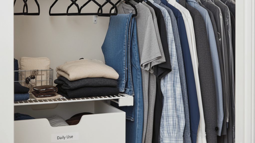 neatly organized closet with clothes on hangers, storage bins, and shelves, offering a bright and spacious feel
