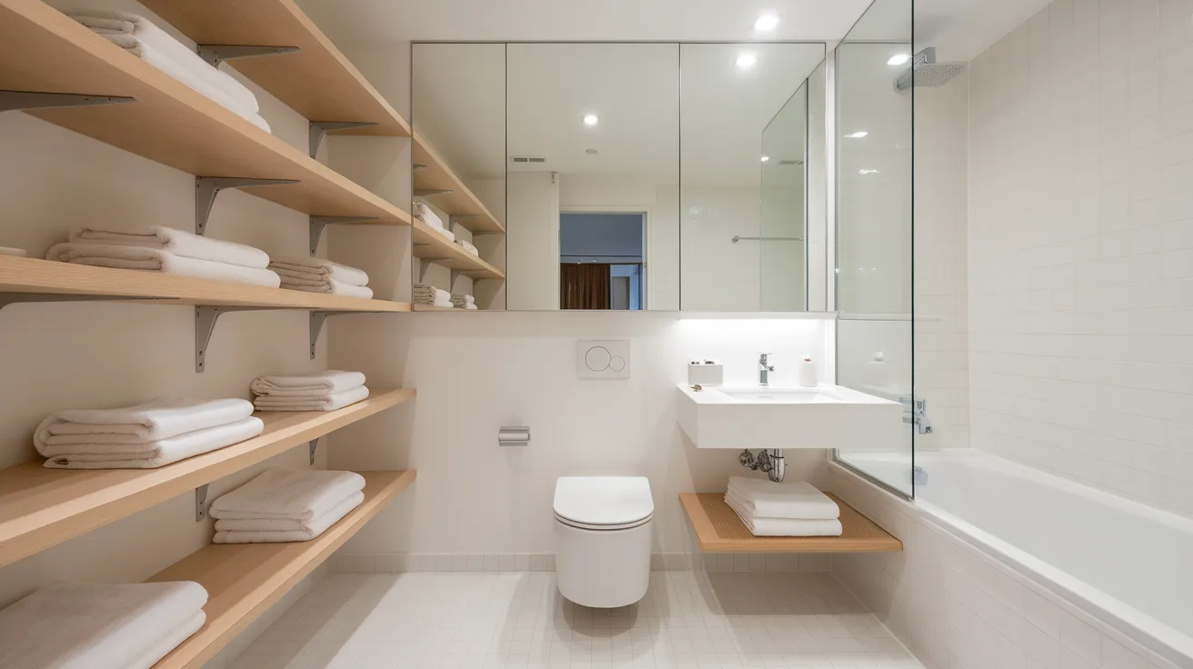 open shelving with clean lines modern bathroom remodel ideas