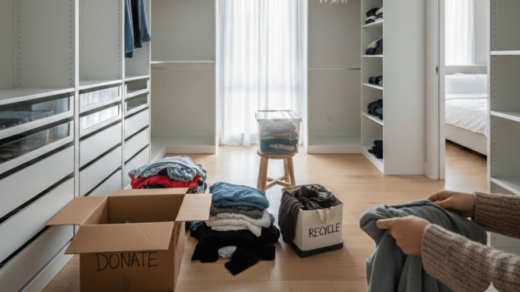 organized closet with boxes labeled Donate and Recycle, a stool, and clothes being sorted by hand.