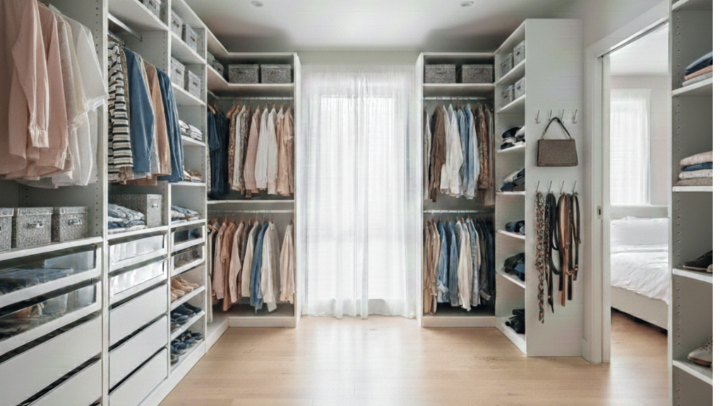 organized closet with neatly hung clothes, shelves, and storage bins, featuring a clean, bright atmosphere.