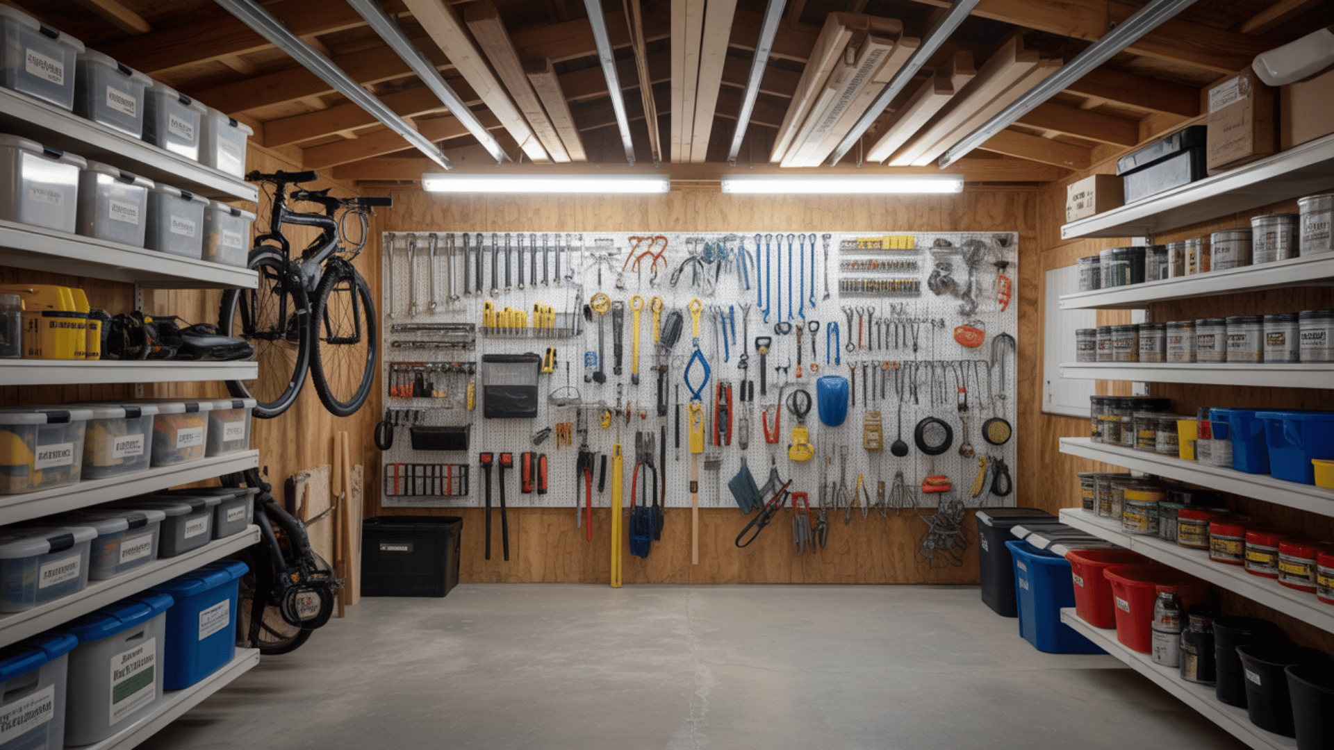 organized garage workshop with pegboard tools, wall shelves, labeled bins, and bicycles neatly stored inside