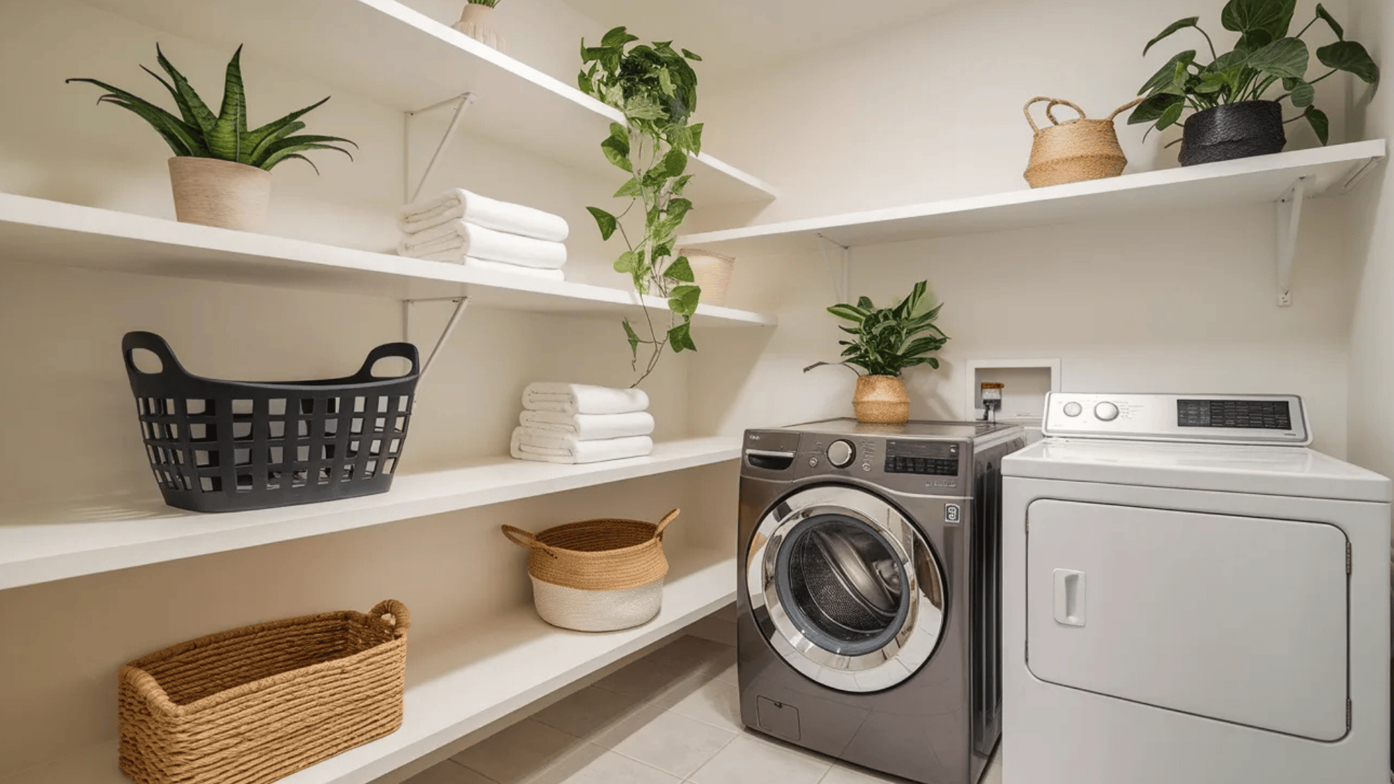 organized laundry room with floating shelves, baskets, plants, and neatly folded towels for efficient storage and a clean look