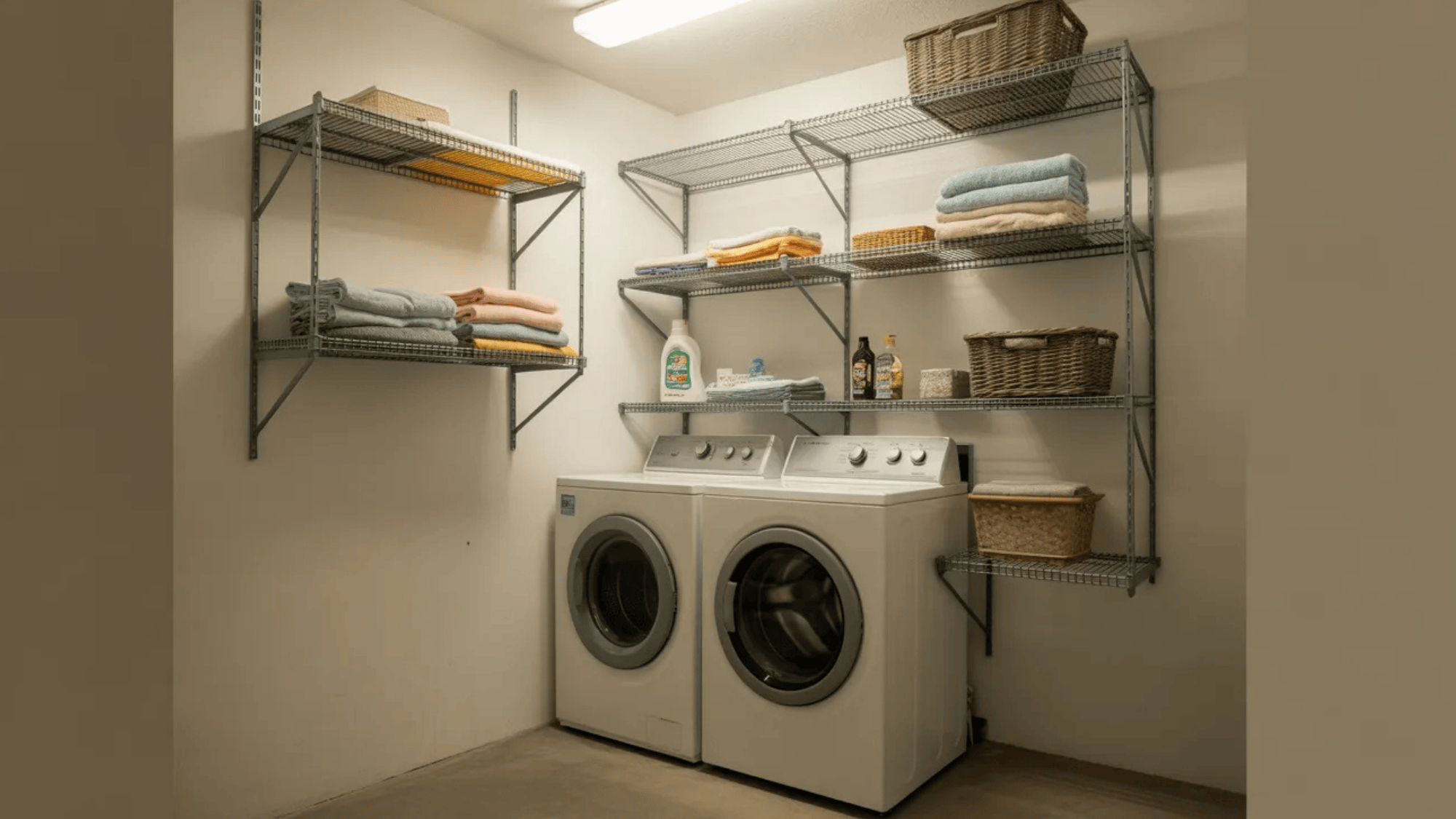organized laundry room with wire shelving storing baskets, detergent bottles, and neatly folded towels above the washer and dryer