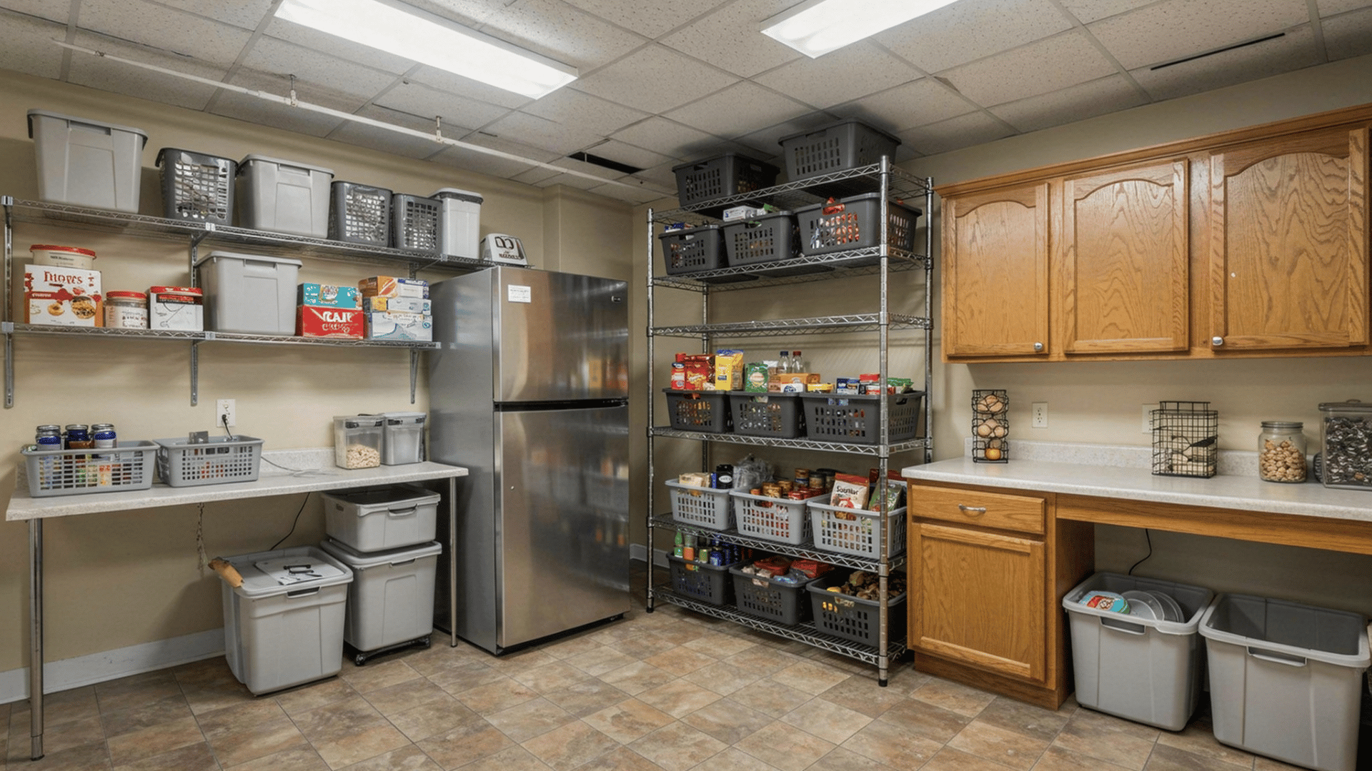 organized pantry and storage room with metal shelves, labeled bins, refrigerator, and wooden cabinets.