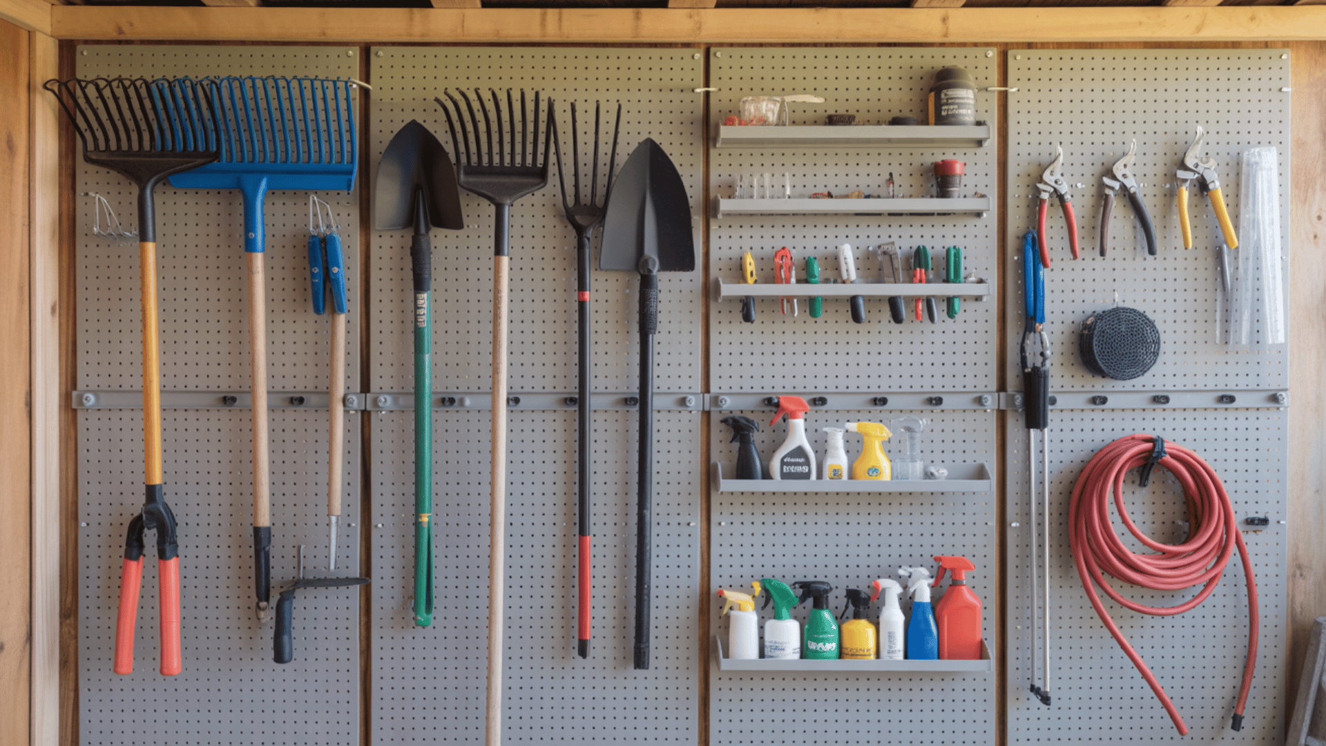 organized shed pegboard wall with rakes, shovels, hand tools, spray bottles and coiled garden hose neatly stored.